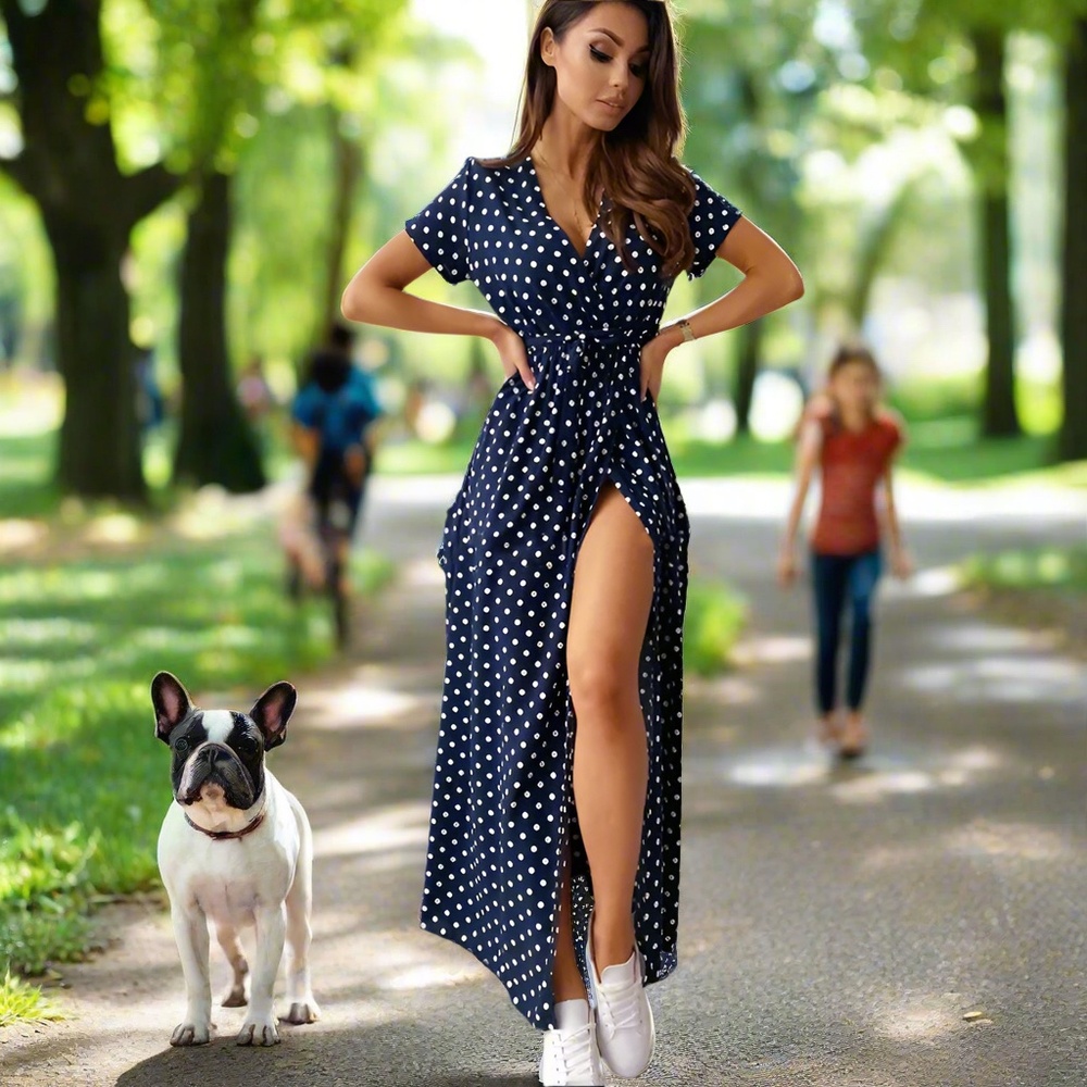 Navy Polka Dot Maxi Dress | Wrap Style, High Slit, Short Sleeve